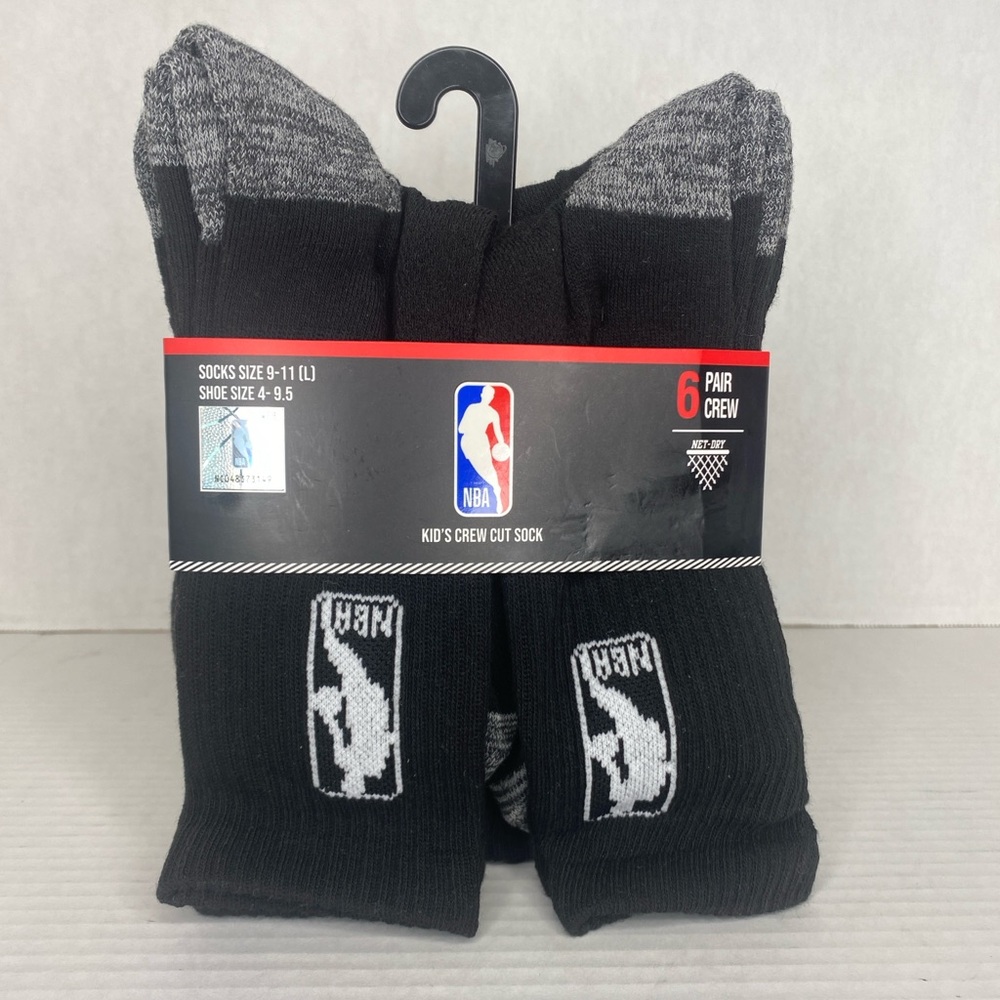 NBA KIDS Black and Gray Crew Socks. 6 Pair Shoe Size 4-9.5/Socks Size 9-11 (L)